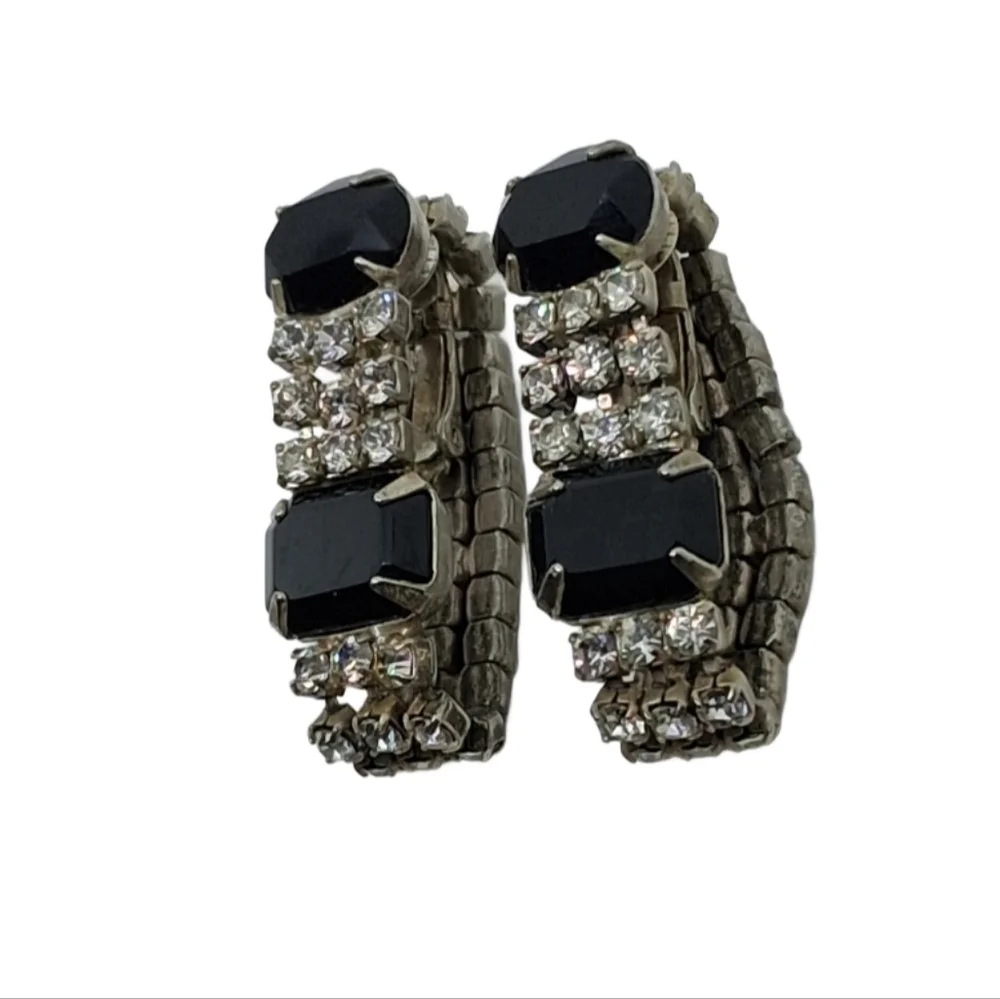 Vintage 50s Black And White Rhinestone Wrap Around Clip Earrings